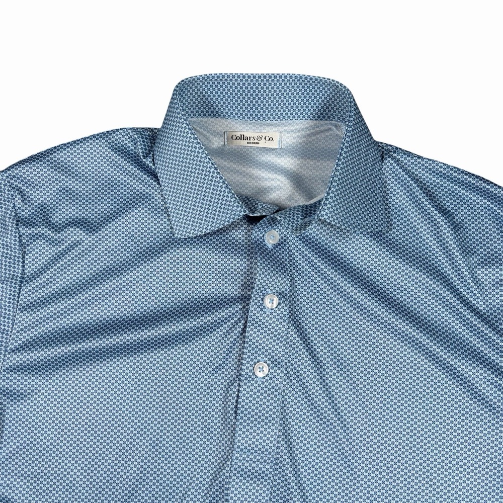 Collars and Co Dress Collar Polo Shirt Men's M Blue White Geometric Print Casual